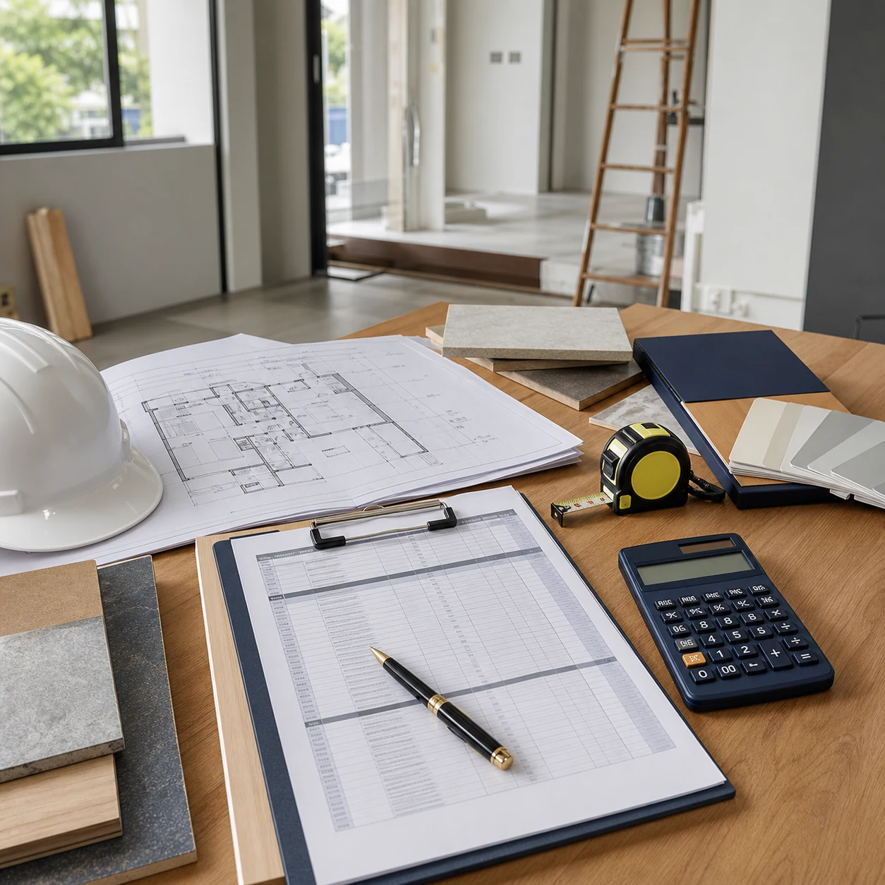 House renovation budget documents with drawings calculator measuring tape and finish samples